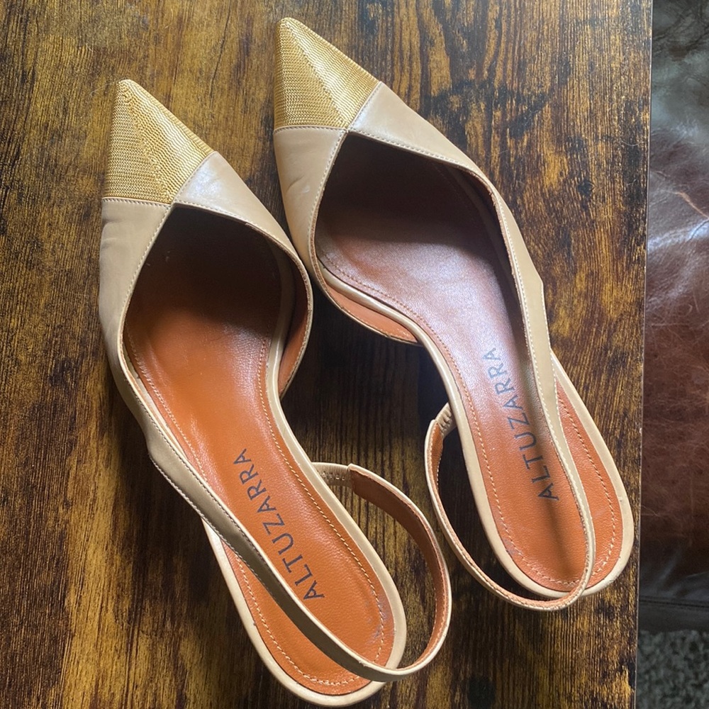 Altuzzara gold and nude beige leather sling back heels 38 / 8 - Picture 3 of 7
